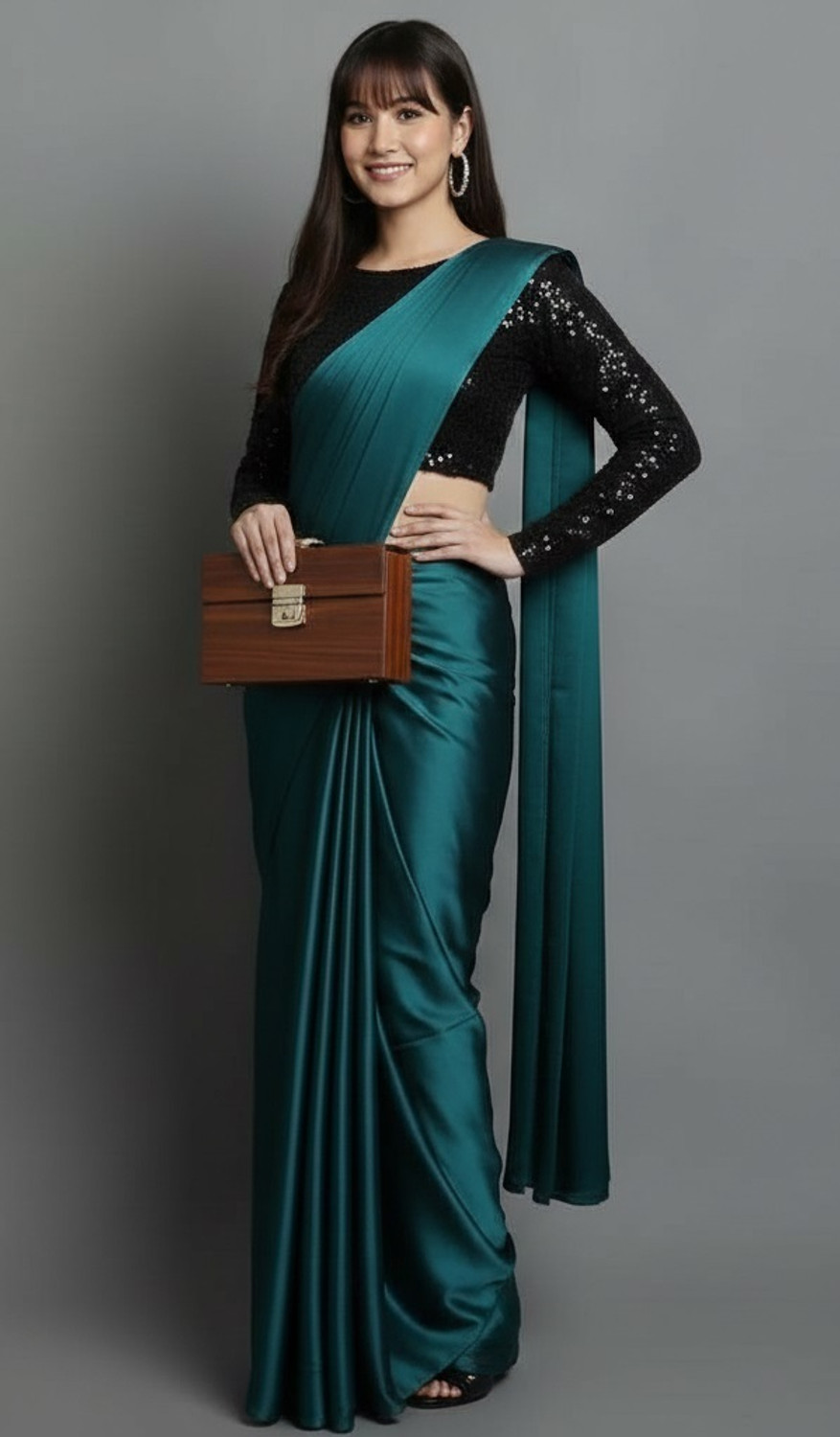 Image of CELEUM Embroidered Bollywood Satin Saree (Dark Green)