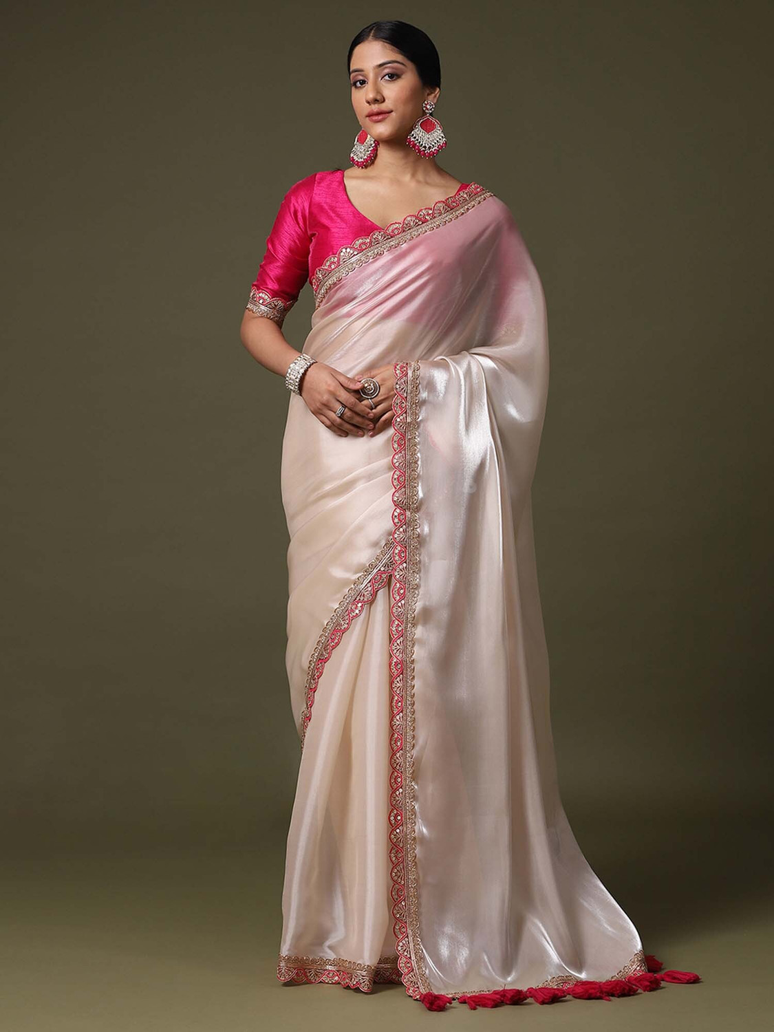 Image of S J Fashion Embellished, Embroidered, Floral Print Bollywood Net Saree (Beige)