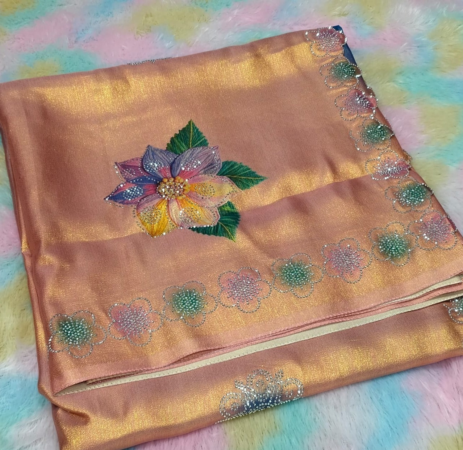 Image of MDS Embroidered, Floral Print, Embellished Bollywood Cotton Linen Saree (Multicolor)