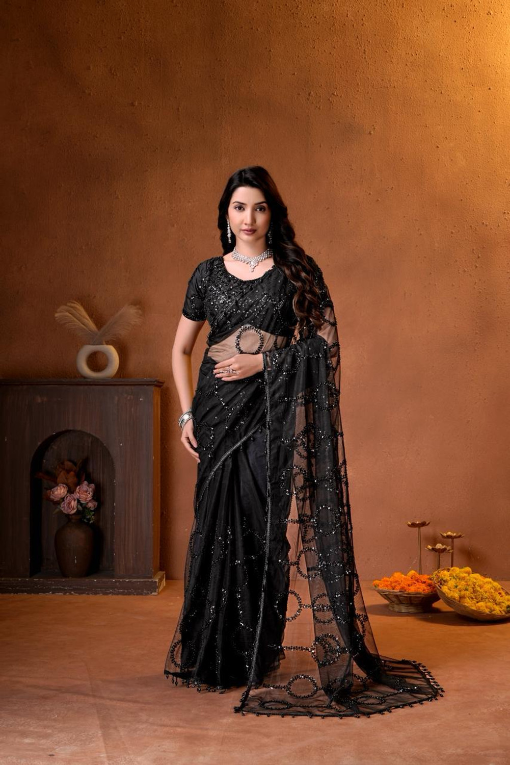 SBSTORE Embroidered Bollywood Net Saree Black - Image 6