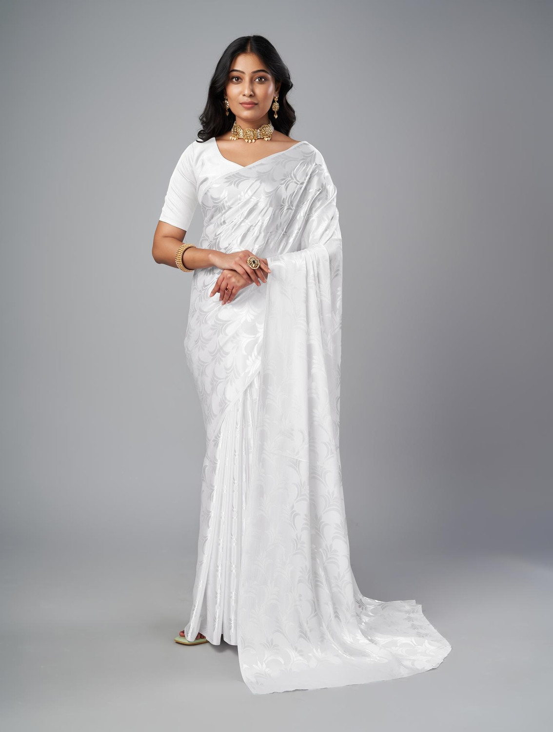 Image of kraddle Floral Print Bollywood Organza Saree (White)