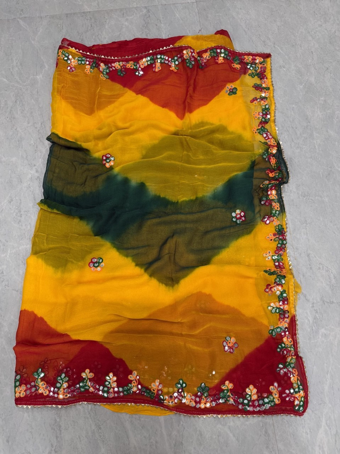 Image of BL Group Tie-Dye Assam Silk Chiffon Saree (Red, Yellow, Dark Green, Gold)