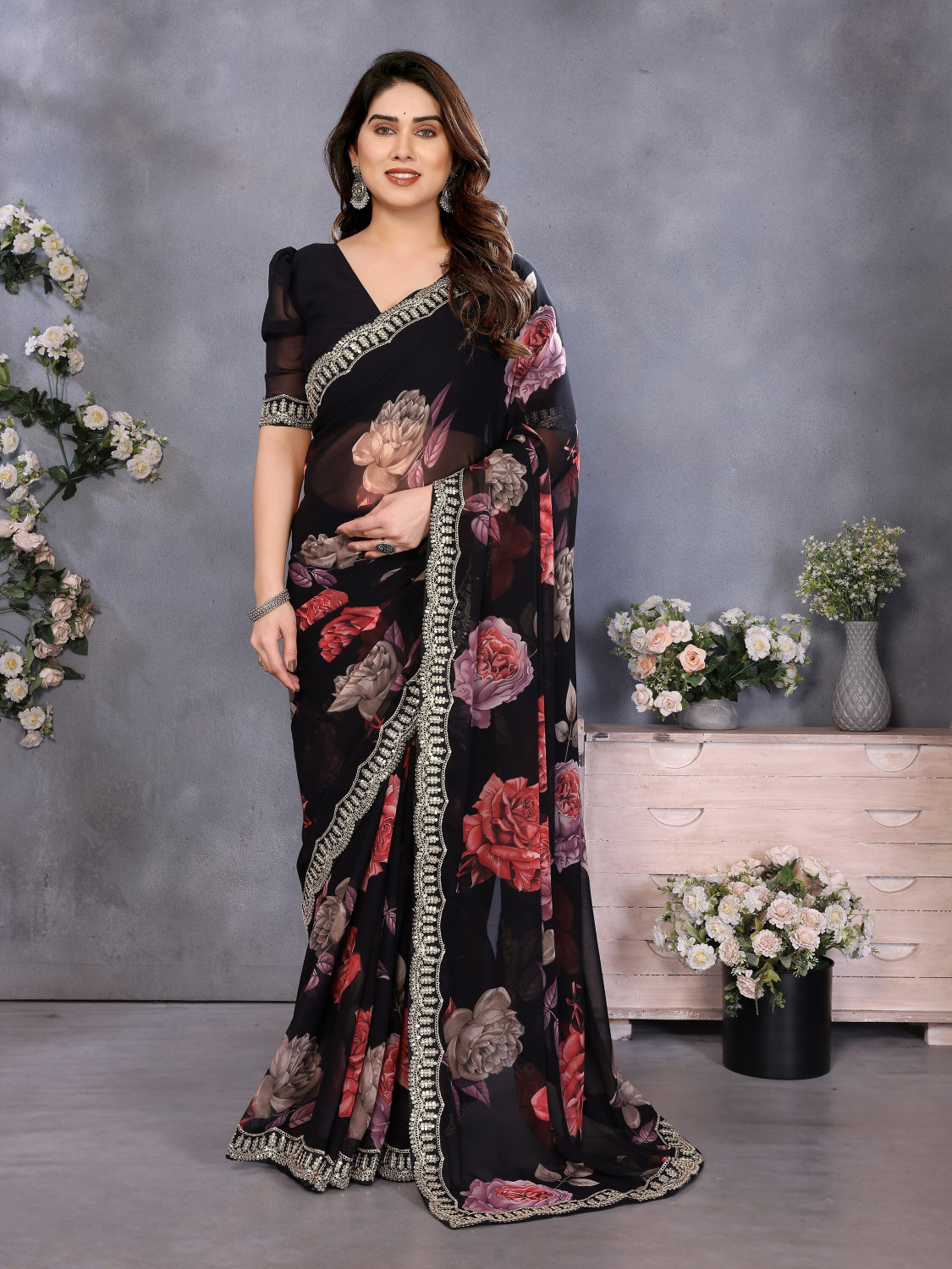 Image of NERTA BOUTIQUE Embroidered Bollywood Georgette Saree (Pink)