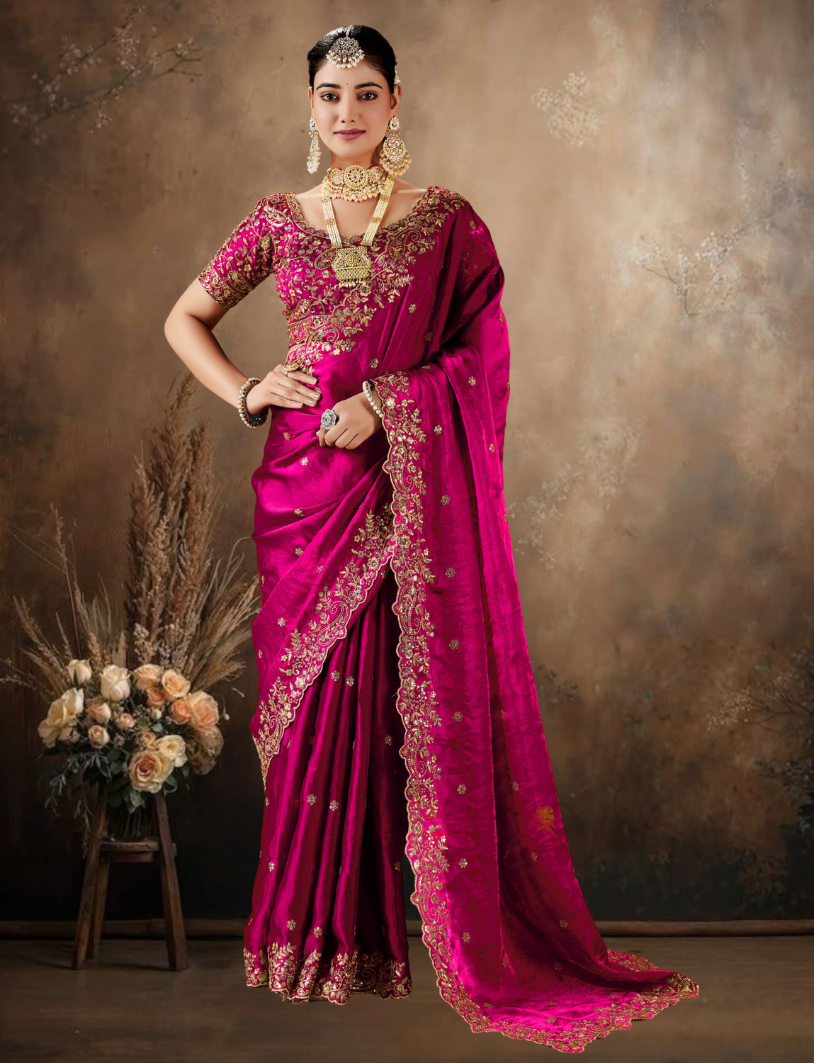 Image of signagraph Embroidered Bollywood Satin Saree (Multicolor)