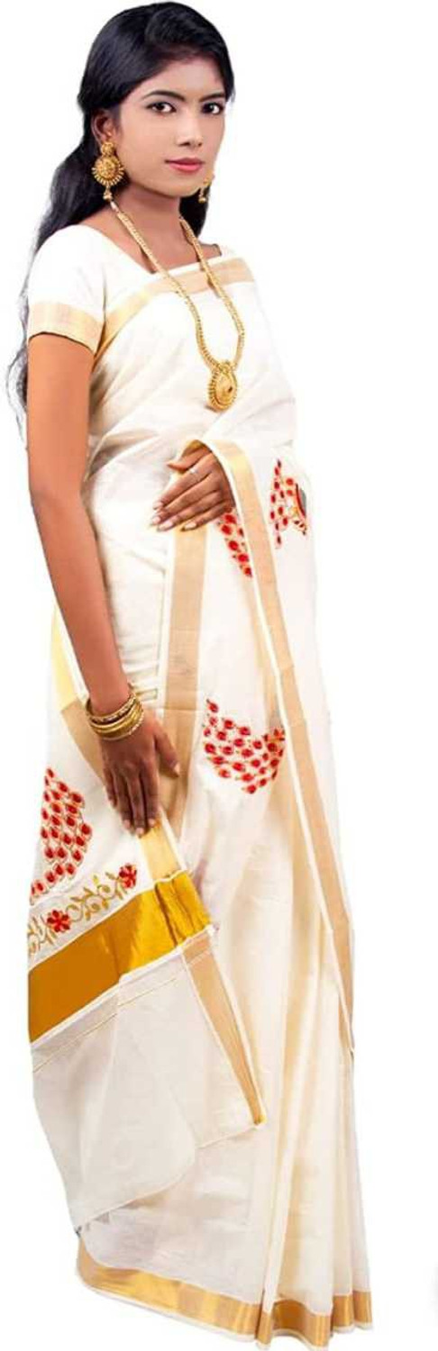 Image of Vasundhara Traders Embroidered Kasavu Cotton Blend Saree (Multicolor)