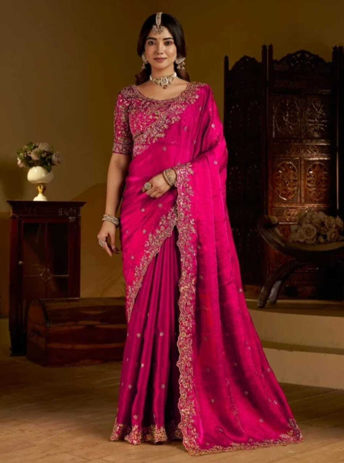 Image of signagraph Embroidered Bollywood Satin Saree (Multicolor)