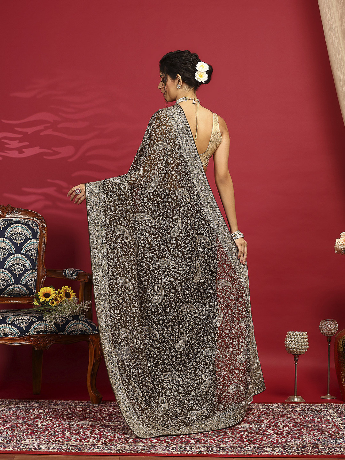 Image of Meena Bazaar Embroidered Bollywood Georgette Saree (Light Green)