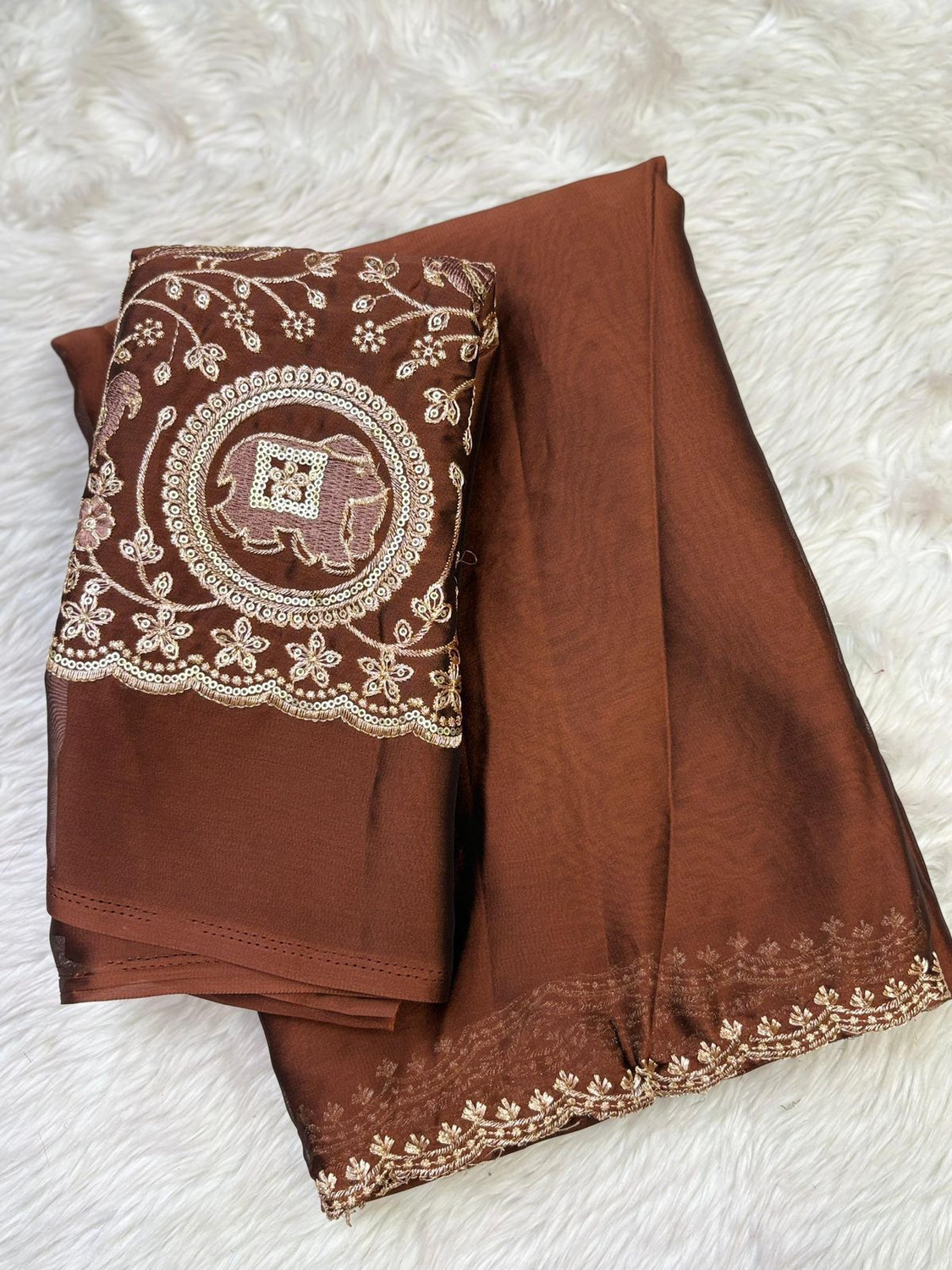 SHRIMORI Silk Blend Bollywood Saree Brown - Image 2
