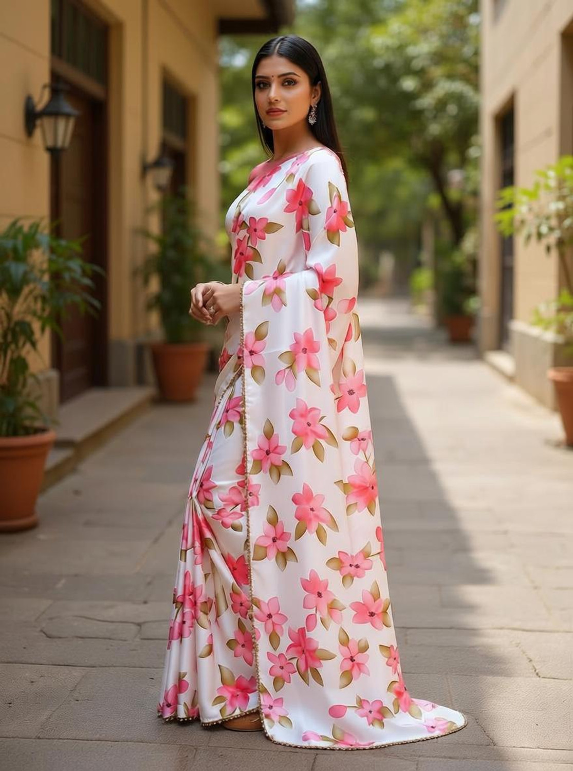 Image of kraddle Floral Print Bollywood Organza Saree (White)