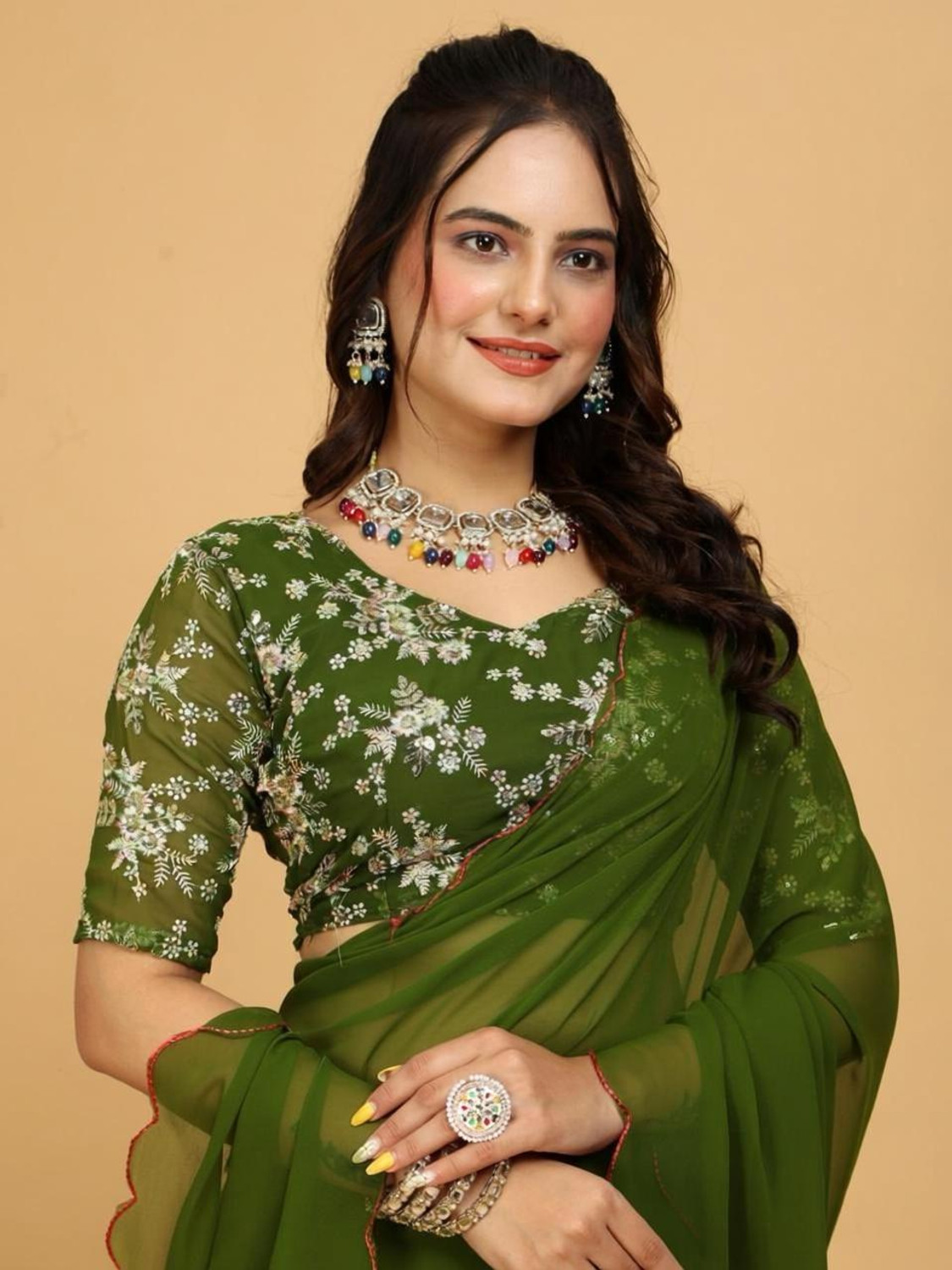 Image of Meena Bazaar Embroidered Bollywood Georgette Saree (Light Green)