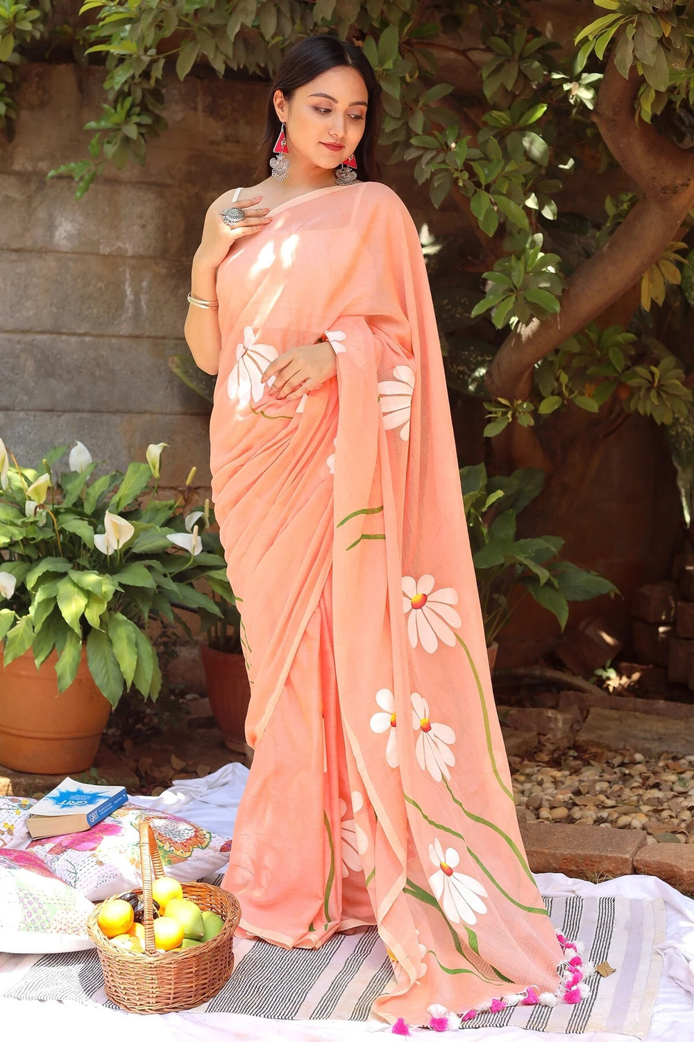 Buy Westux Floral Print Handloom Pure Cotton Orange Sarees Online @ Best Price In India | Flipkart.com