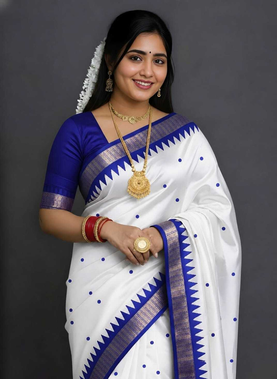 Sairi Temple Border Woven Sambalpuri Art Silk Saree (White) - Image 1