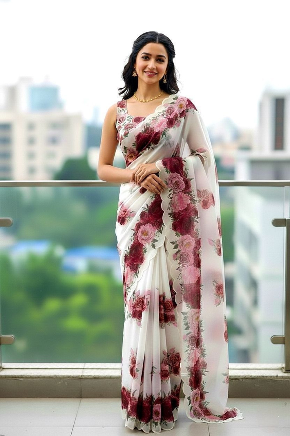 Image of MDS Embroidered, Floral Print, Embellished Bollywood Cotton Linen Saree (Multicolor)