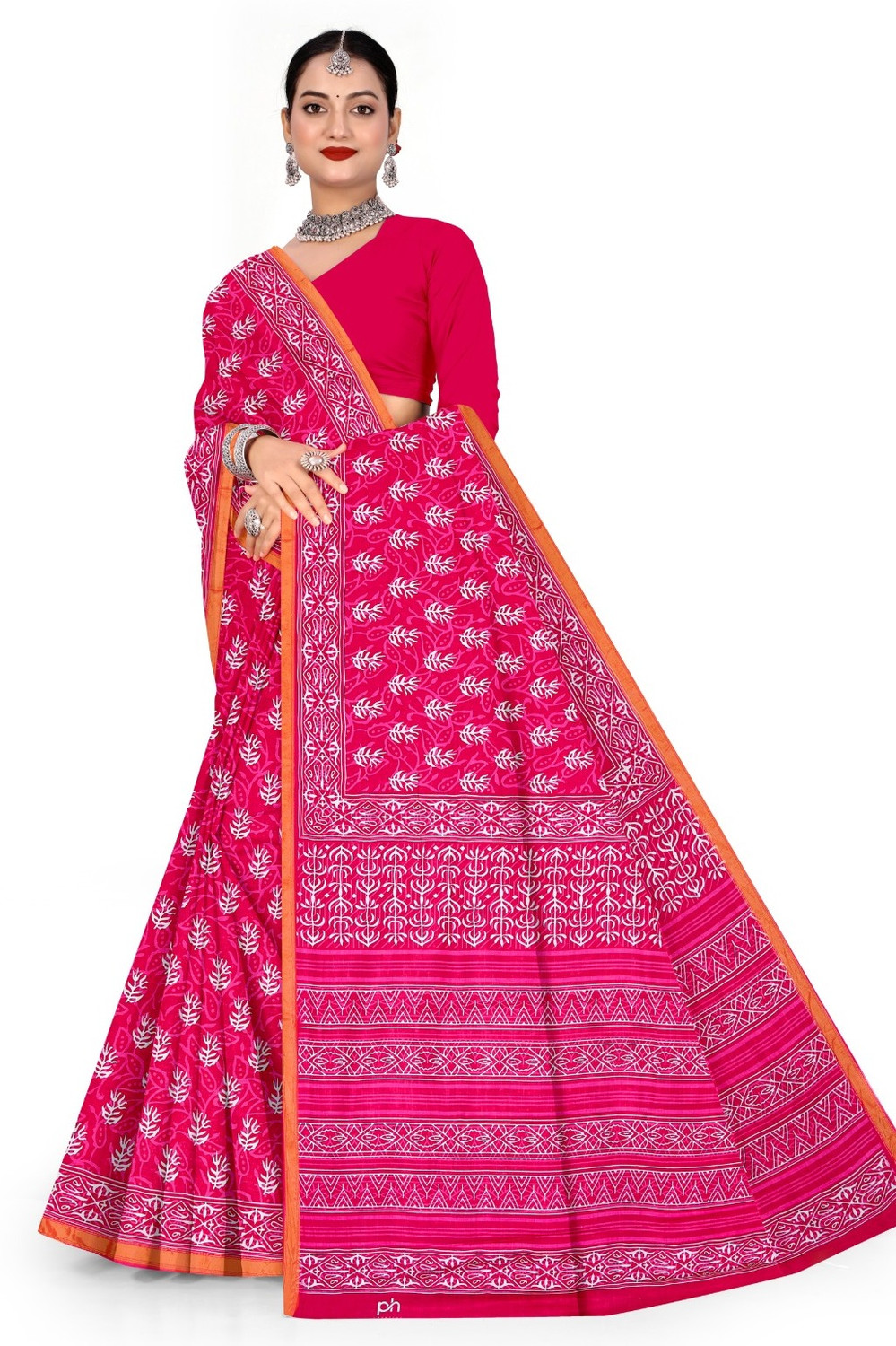 Image of RJ CREATION Floral Print, Printed, Geometric Print Daily Wear Pure Cotton Saree (Pink)