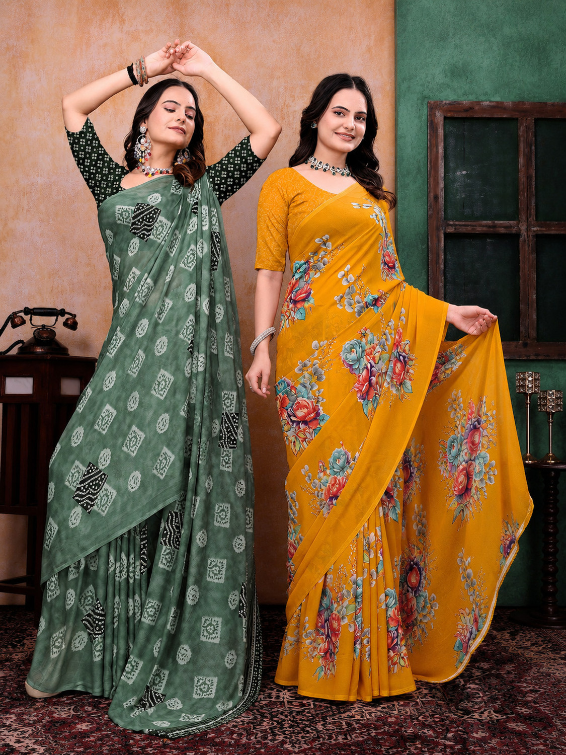 Kanooda Prints Bollywood Georgette Saree Pack of 2 Multicolor - Image 1