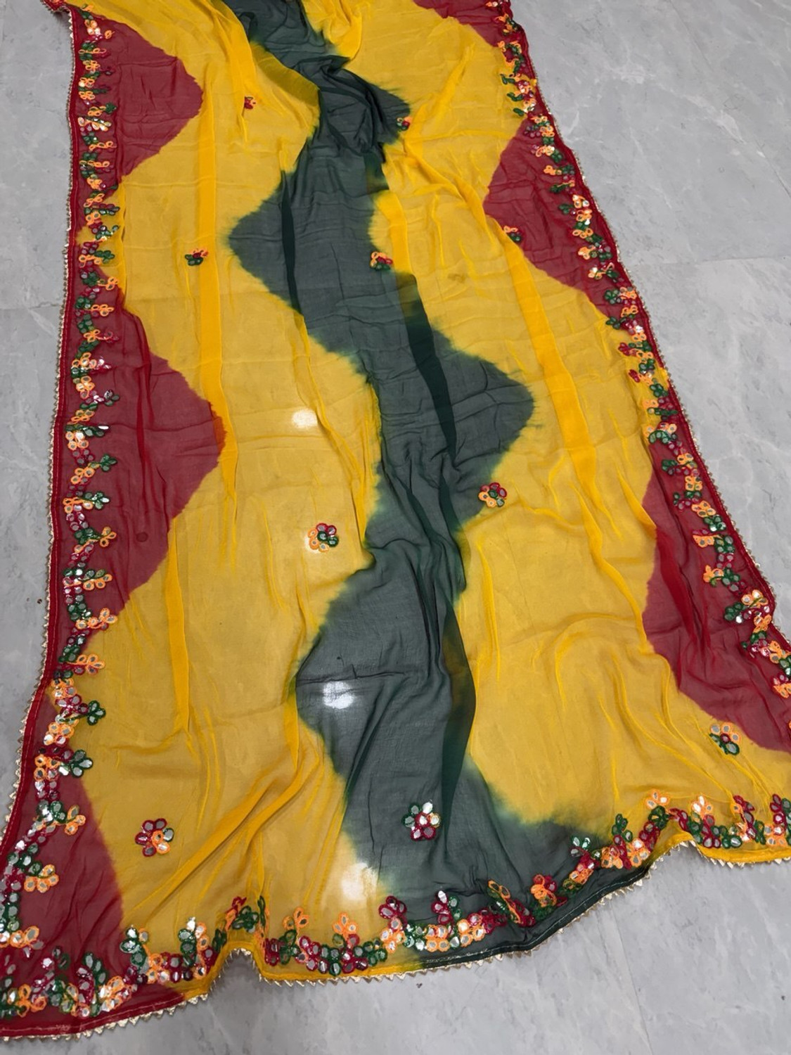 Image of BL Group Tie-Dye Assam Silk Chiffon Saree (Red, Yellow, Dark Green, Gold)
