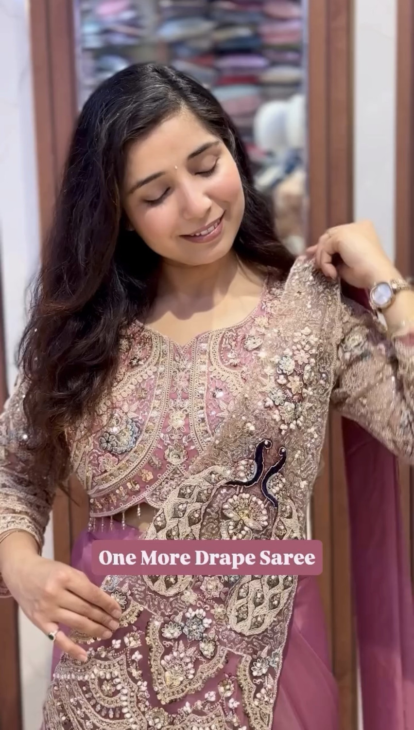 Image of SOLITIQ Ready to Wear Embroidered Pre Draped Saree Silk Blend Saree (Pink)