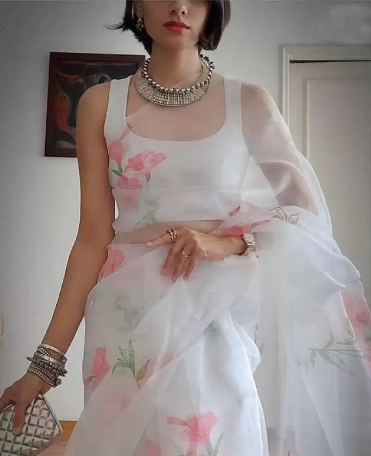 Image of kraddle Floral Print Bollywood Organza Saree (White)