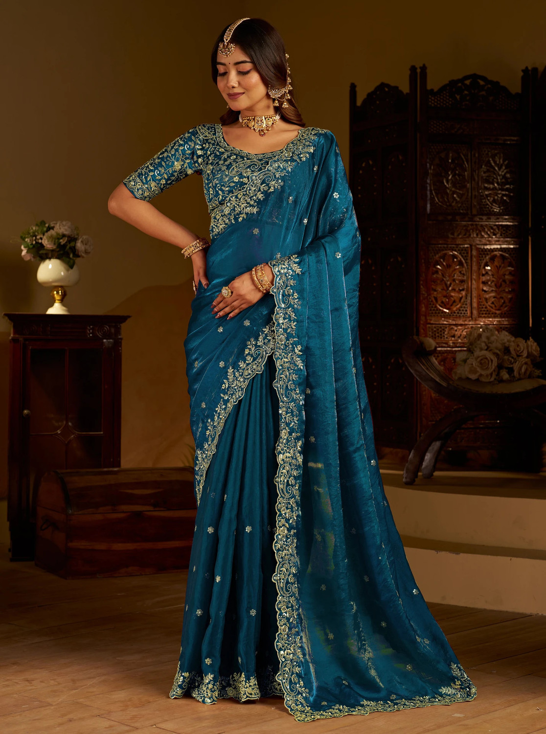 Image of signagraph Embroidered Bollywood Satin Saree (Multicolor)