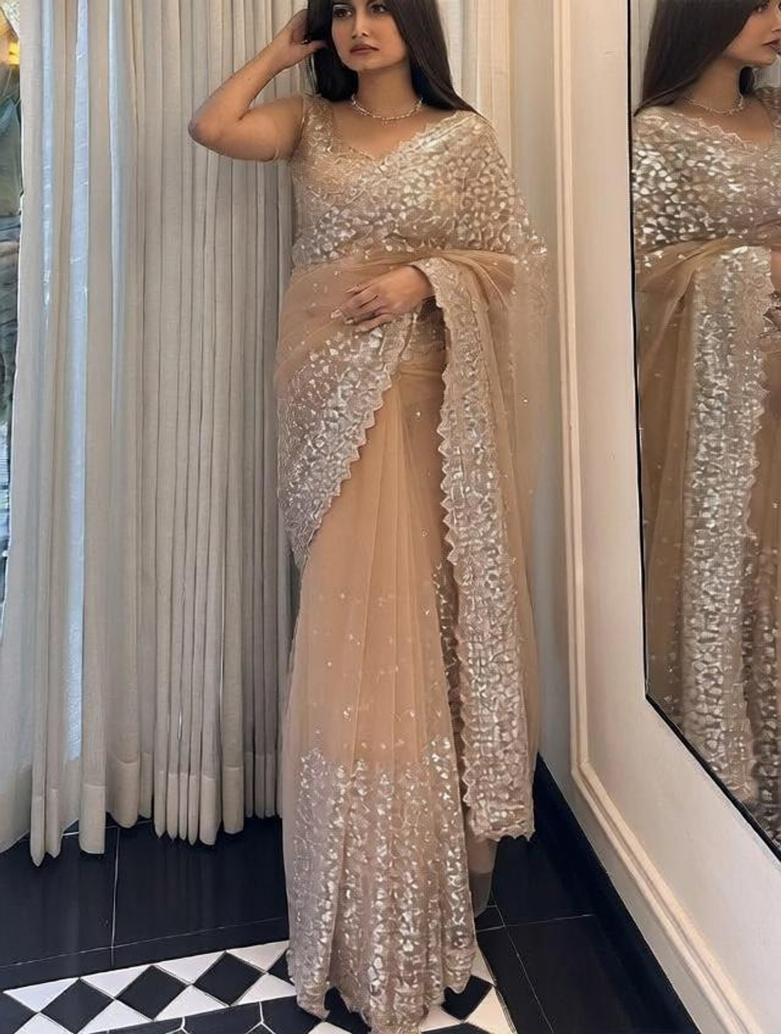 Image of S J Fashion Embellished, Embroidered, Floral Print Bollywood Net Saree (Beige)