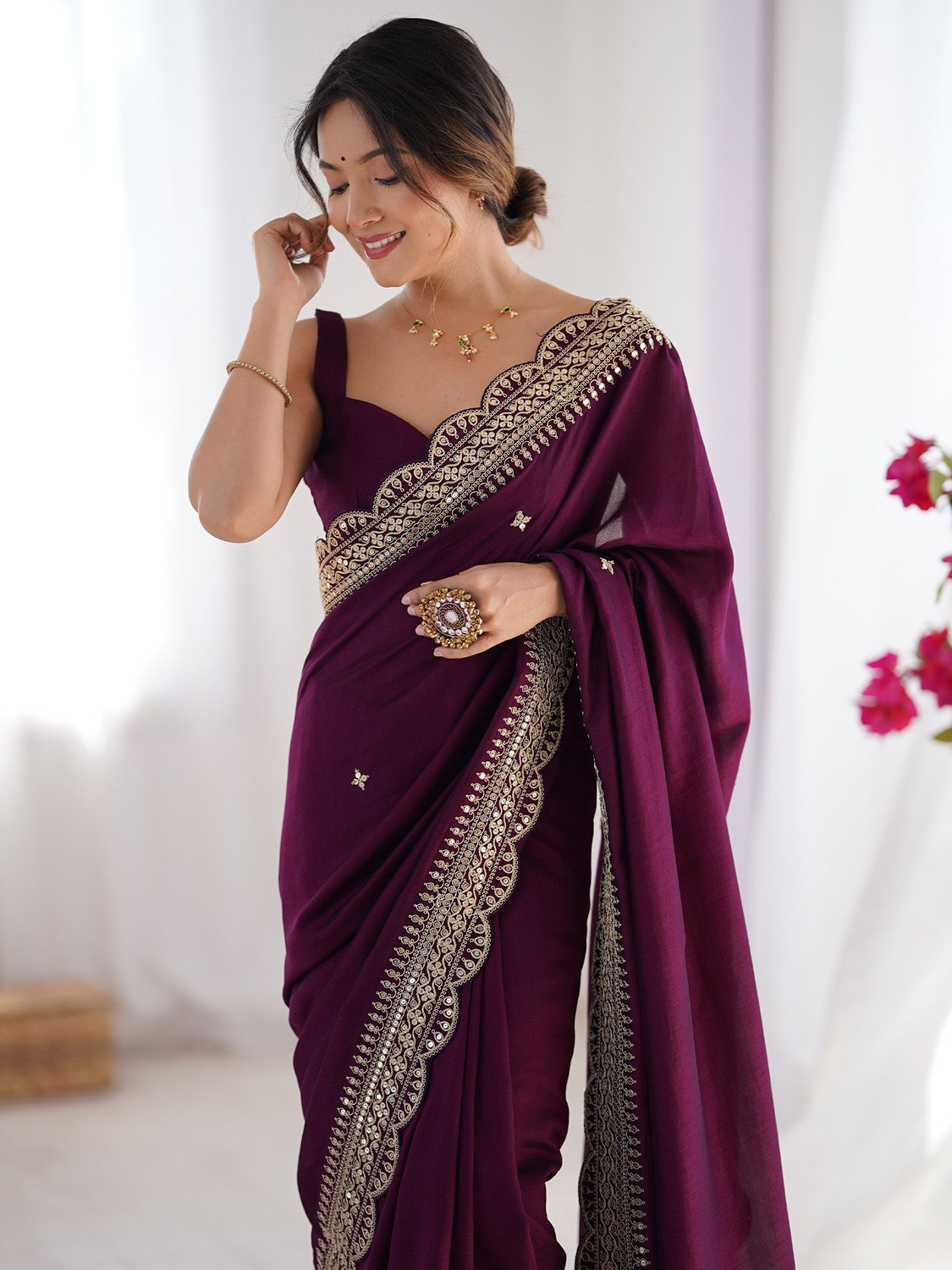 Image of Tasrika Embellished Bollywood Silk Blend Saree (Purple)