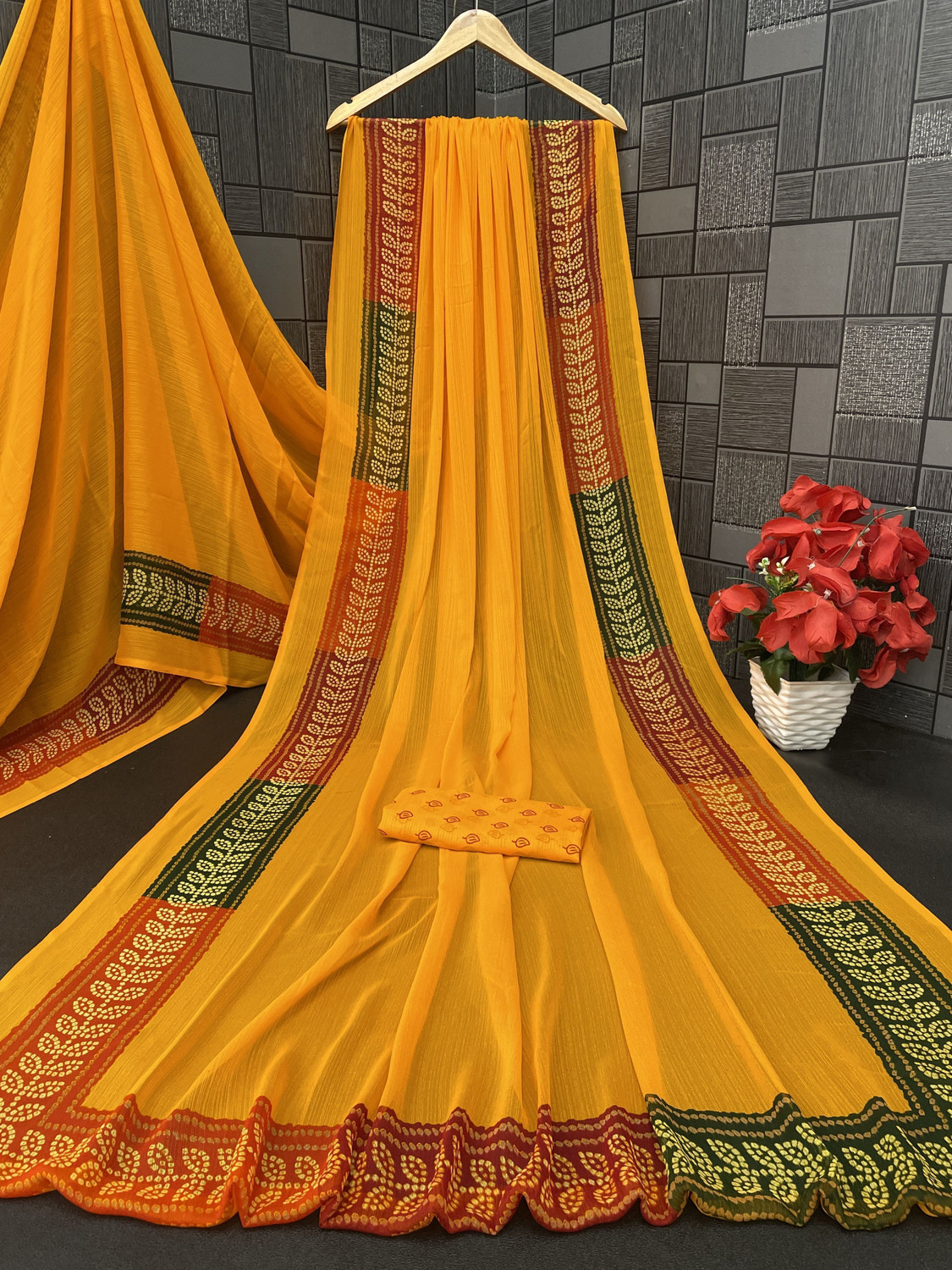 Image of BL Group Tie-Dye Assam Silk Chiffon Saree (Red, Yellow, Dark Green, Gold)