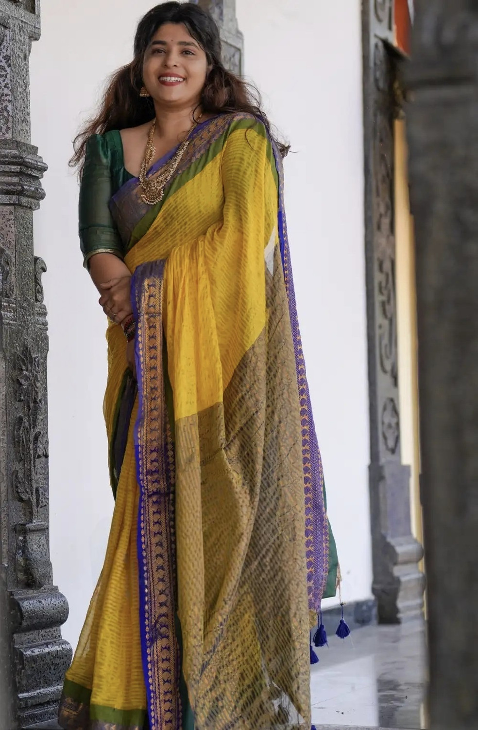 Image of GulabiSaheba Woven Daily Wear Pure Cotton Saree (Yellow, Blue)