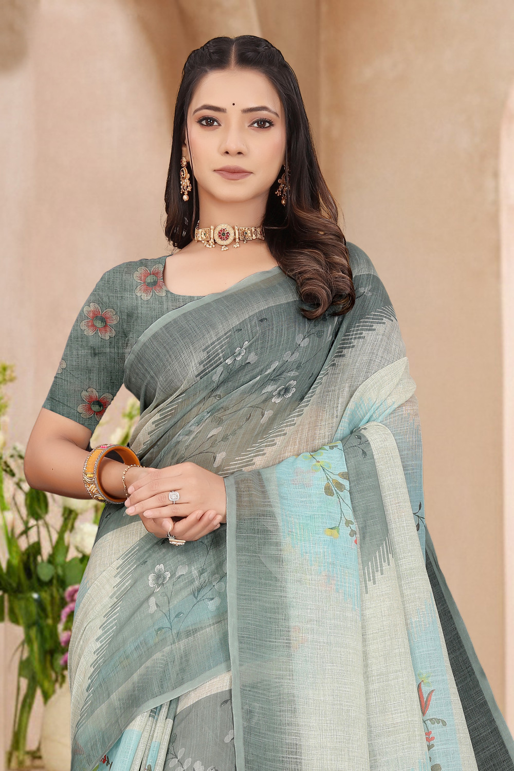 Image of Divastri Digital Print Bollywood Cotton Linen Saree (Grey)