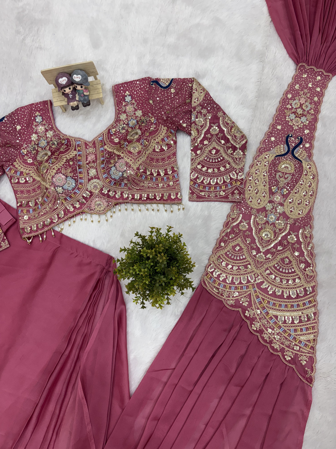 Image of SOLITIQ Ready to Wear Embroidered Pre Draped Saree Silk Blend Saree (Pink)