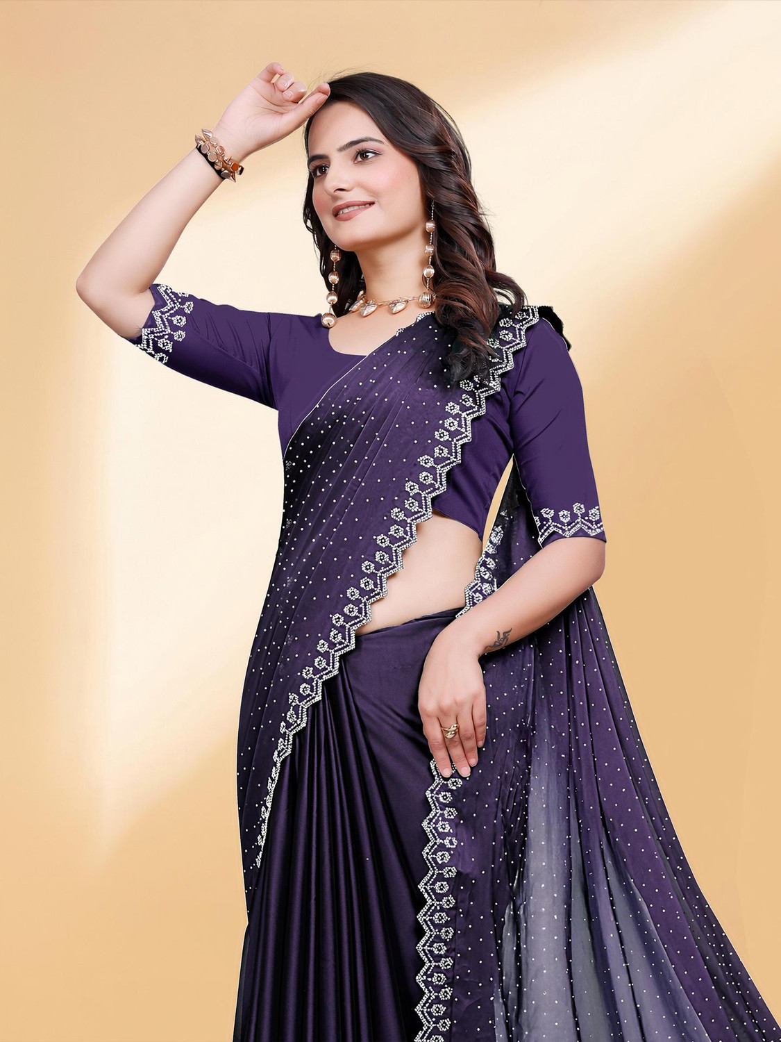 Image of CELEUM Embroidered Bollywood Satin Saree (Dark Green)
