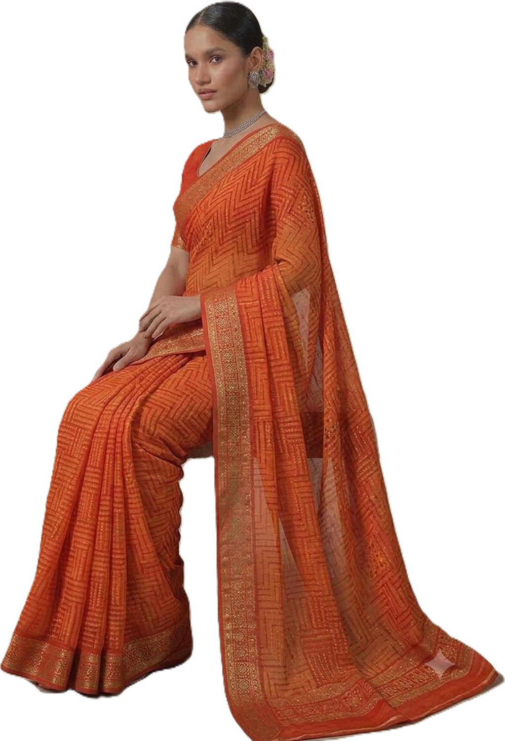 GEETA Aanchal Geometric Print Bandhani Chiffon Saree (Orange) - Image 1
