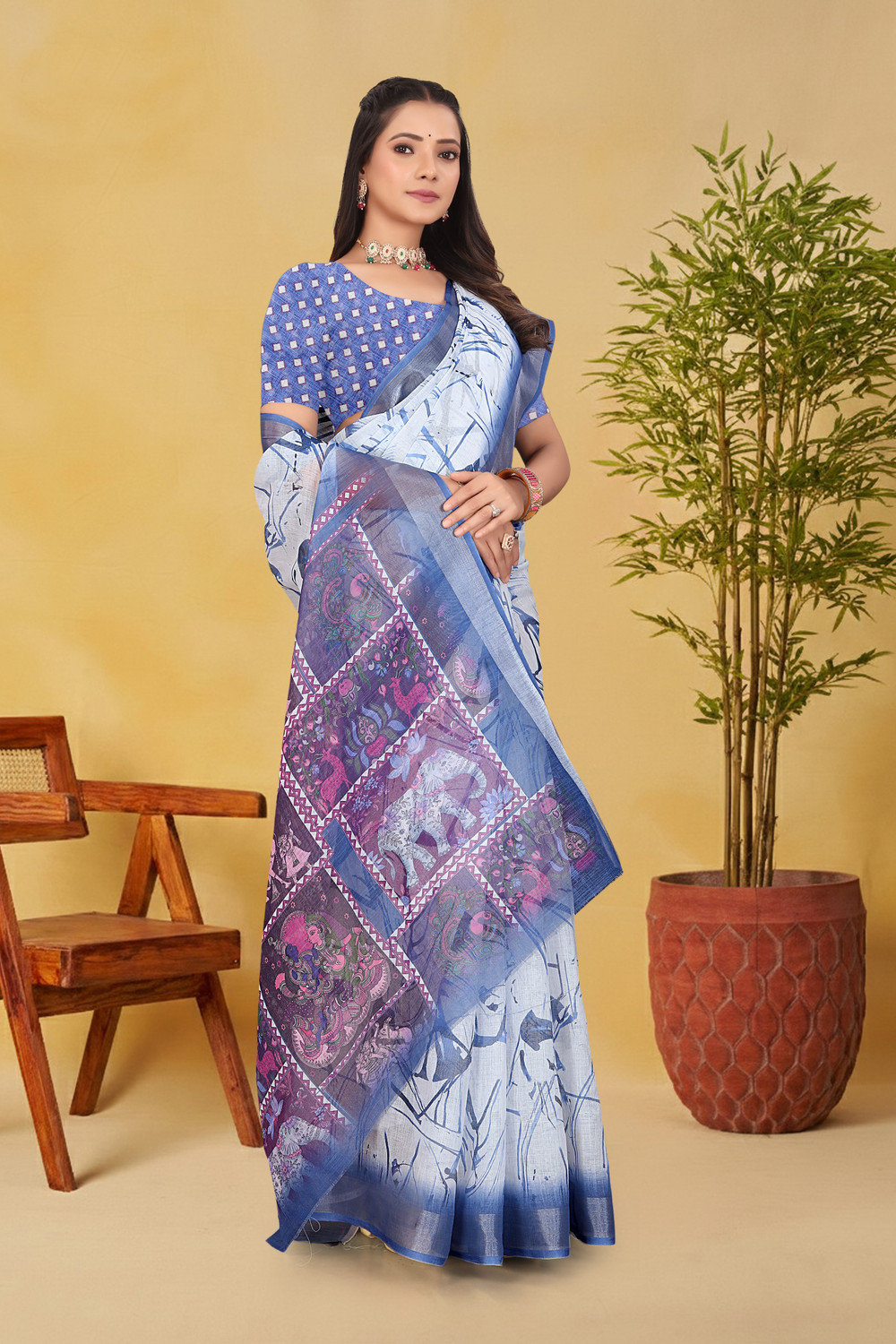Image of Divastri Digital Print Bollywood Cotton Linen Saree (Grey)