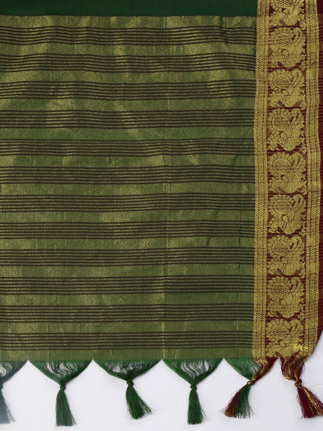 Image of WEYLIN Woven Kanjivaram Jacquard, Pure Silk Saree (Dark Green)