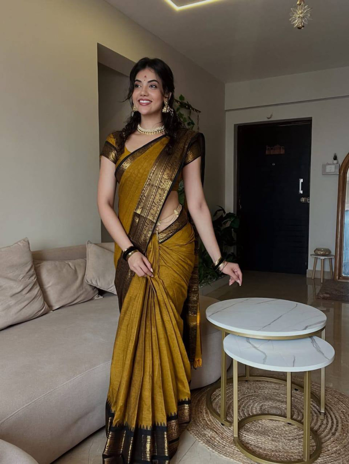 Image of GulabiSaheba Woven Daily Wear Pure Cotton Saree (Yellow, Blue)