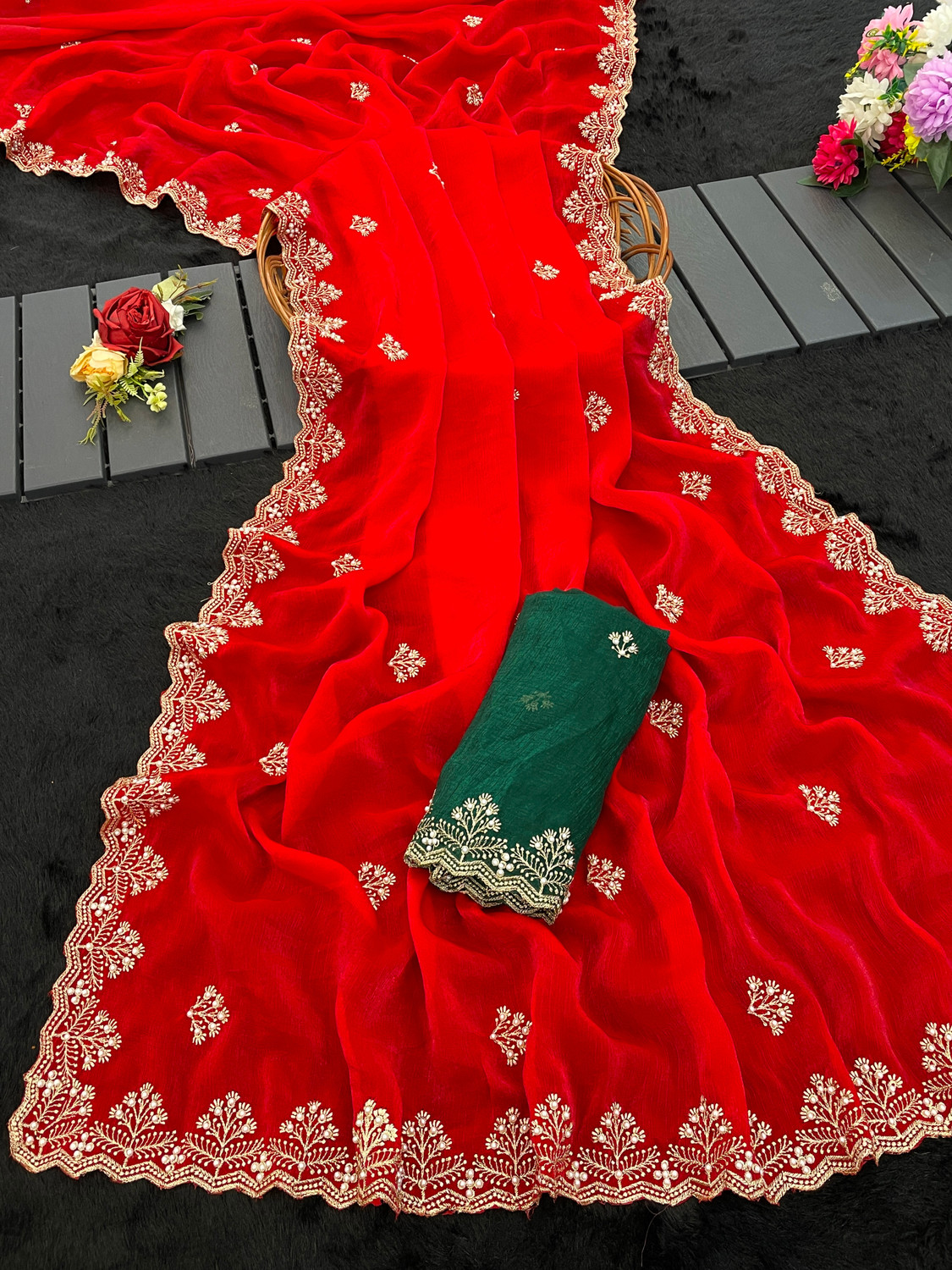 Image of Classy Foriever Embroidered Bollywood Jimmy Jimmy, Tissue Saree (Cream)