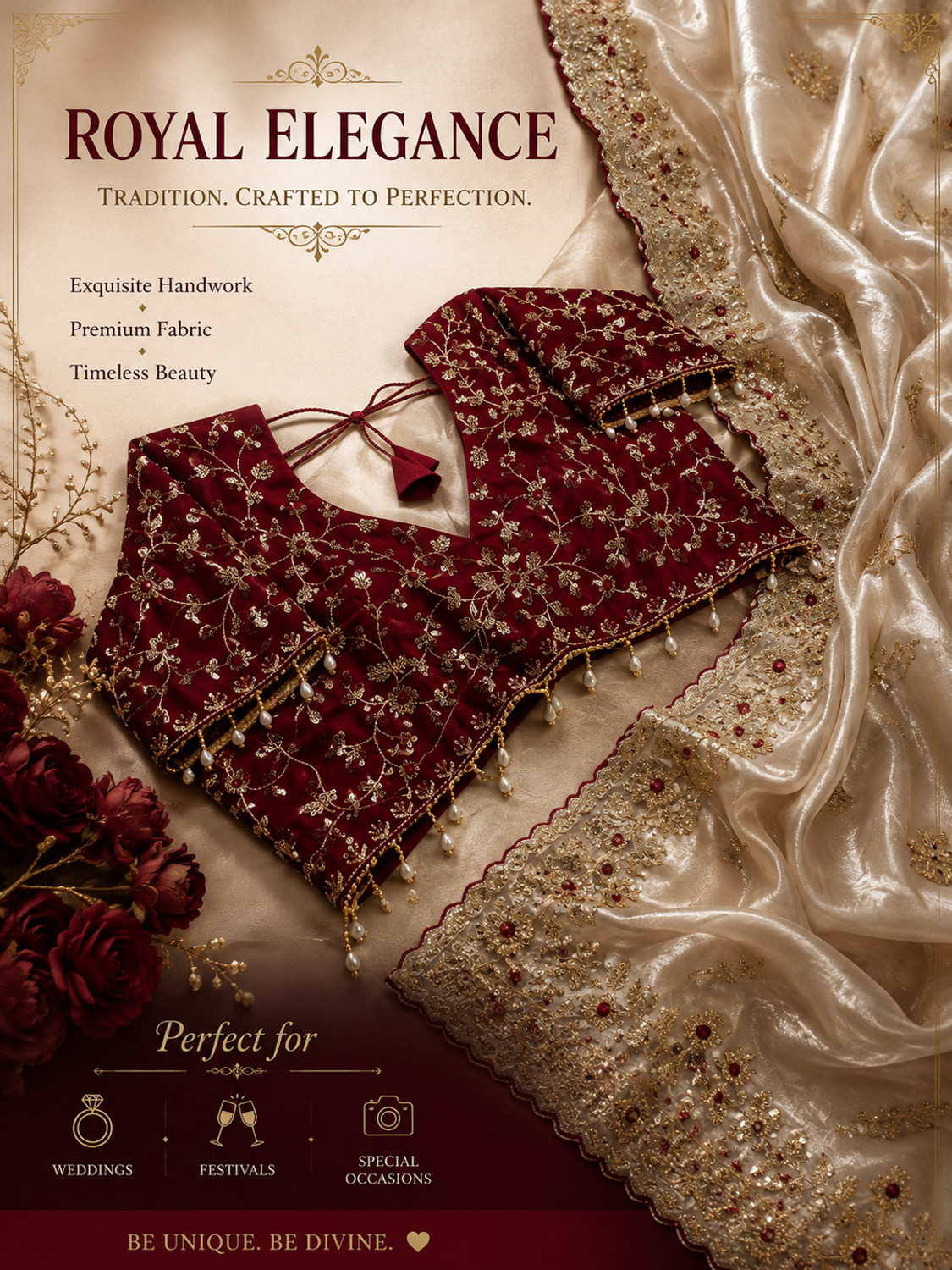 Image of Latavastra Embroidered, Embellished, Floral Print Banarasi Jimmy Jimmy, Chiffon Saree (Cream, Maroon)