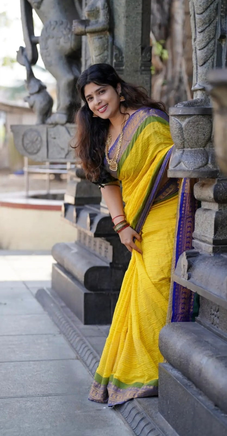 Image of GulabiSaheba Woven Daily Wear Pure Cotton Saree (Yellow, Blue)
