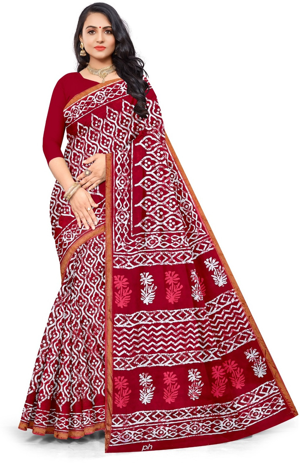 Image of RJ CREATION Floral Print, Printed, Geometric Print Daily Wear Pure Cotton Saree (Pink)