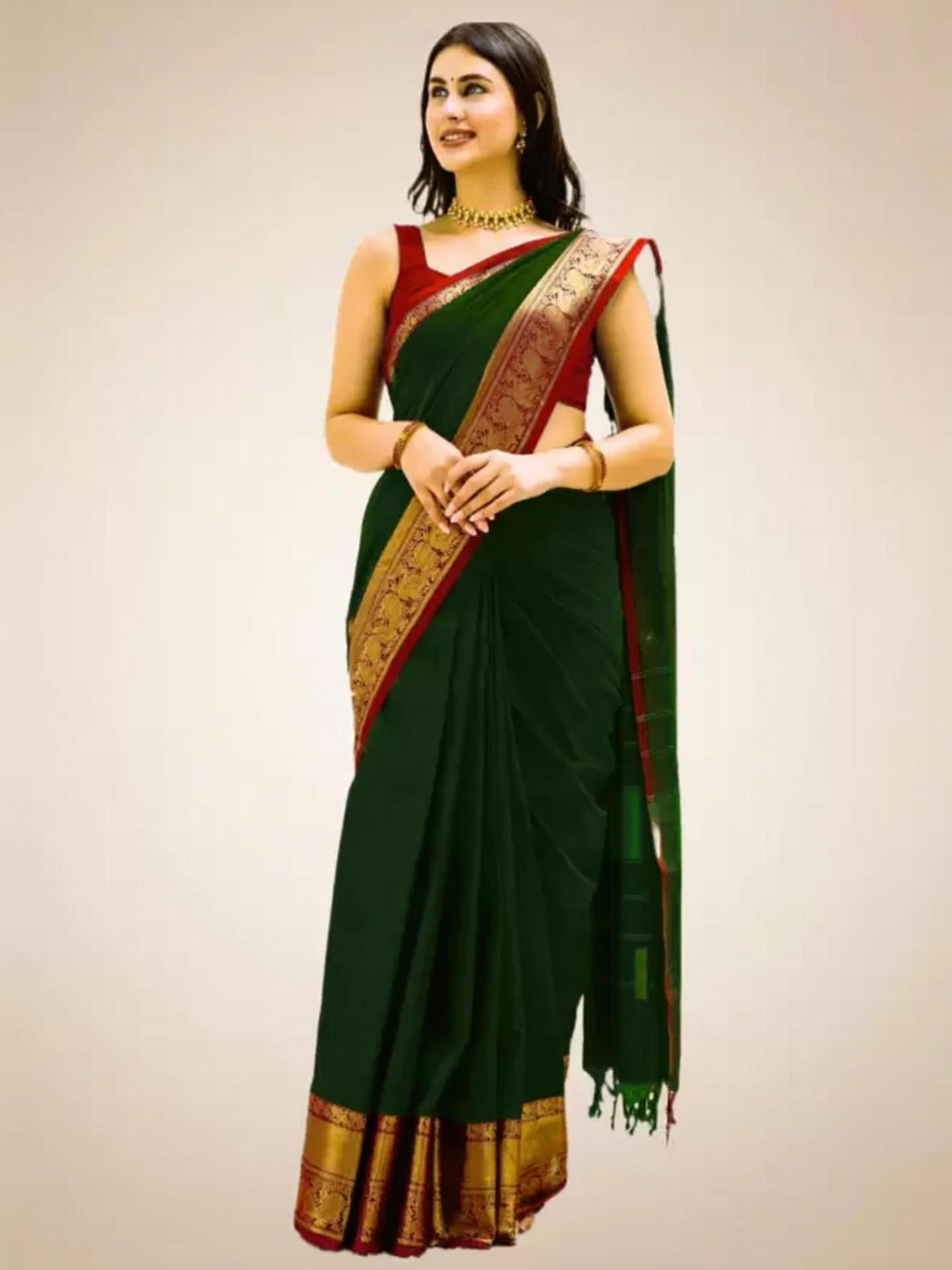 Image of WEYLIN Woven Kanjivaram Jacquard, Pure Silk Saree (Dark Green)