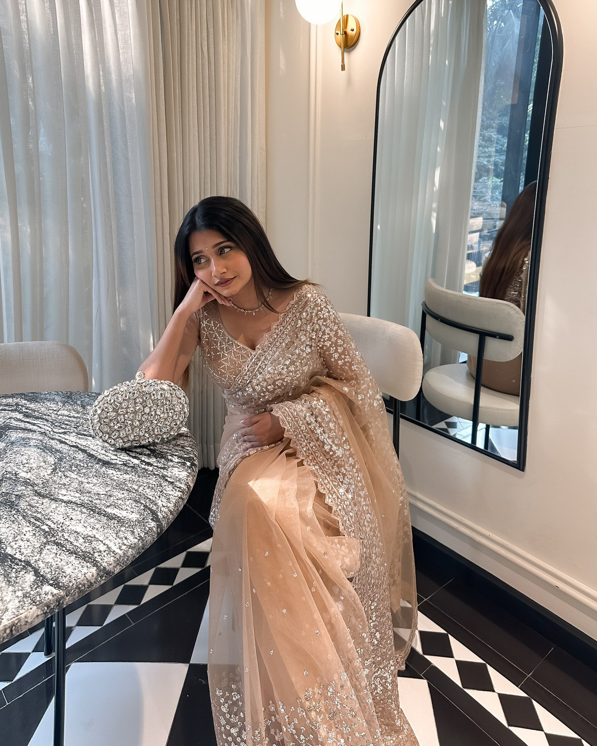 Image of S J Fashion Embellished, Embroidered, Floral Print Bollywood Net Saree (Beige)