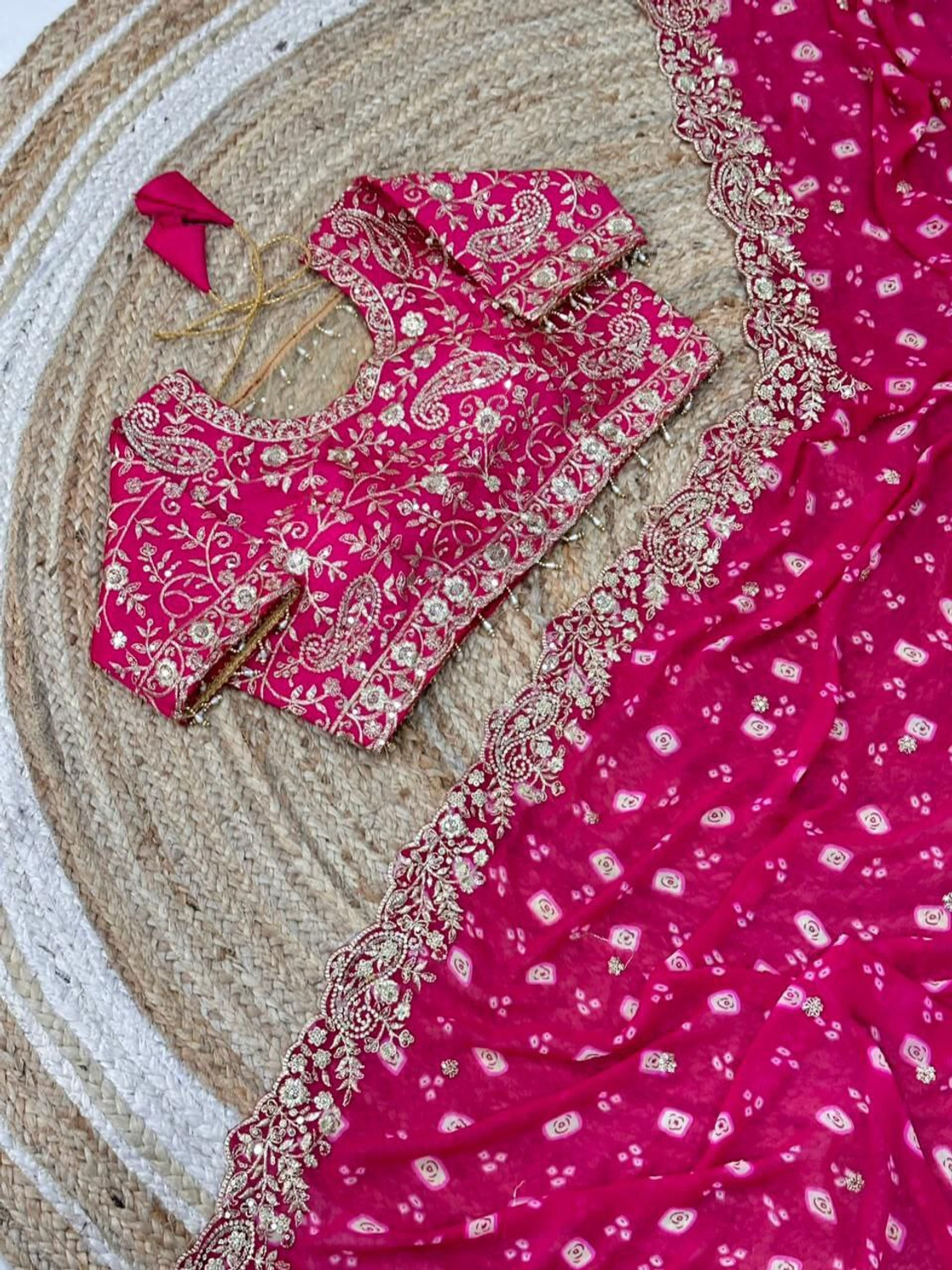 Image of SAMSAAH Embroidered, Tie-Dye Bandhani Georgette Saree (Red)