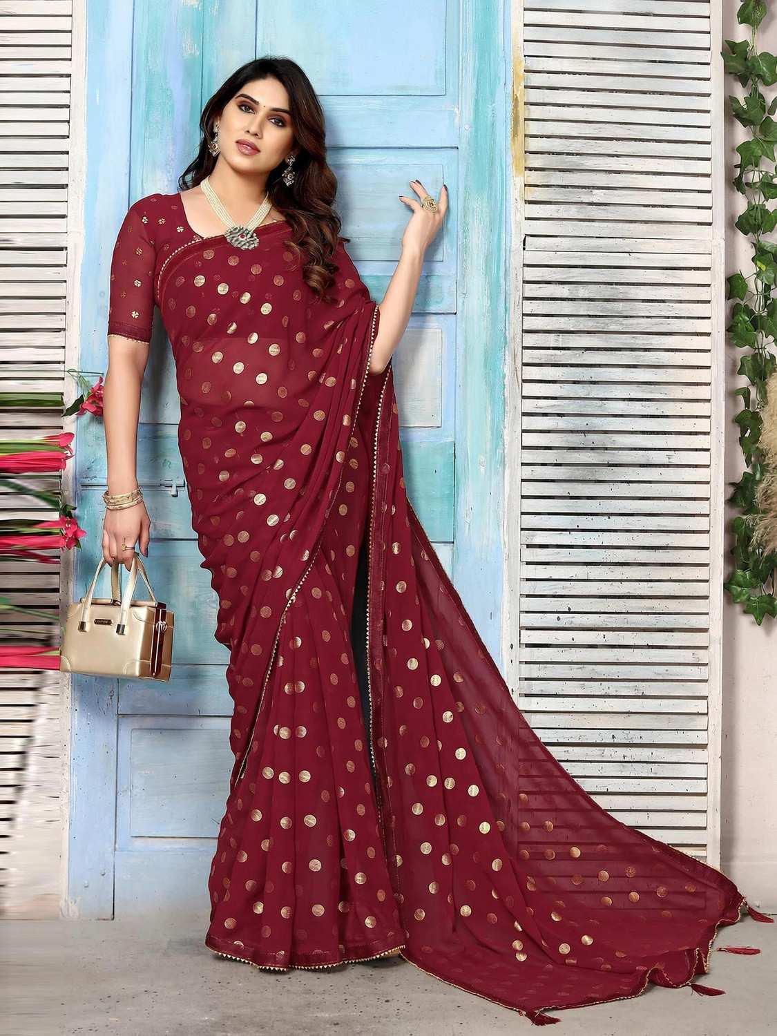 Image of Siril Geometric Print, Printed, Embellished Bollywood Georgette Saree (Green)