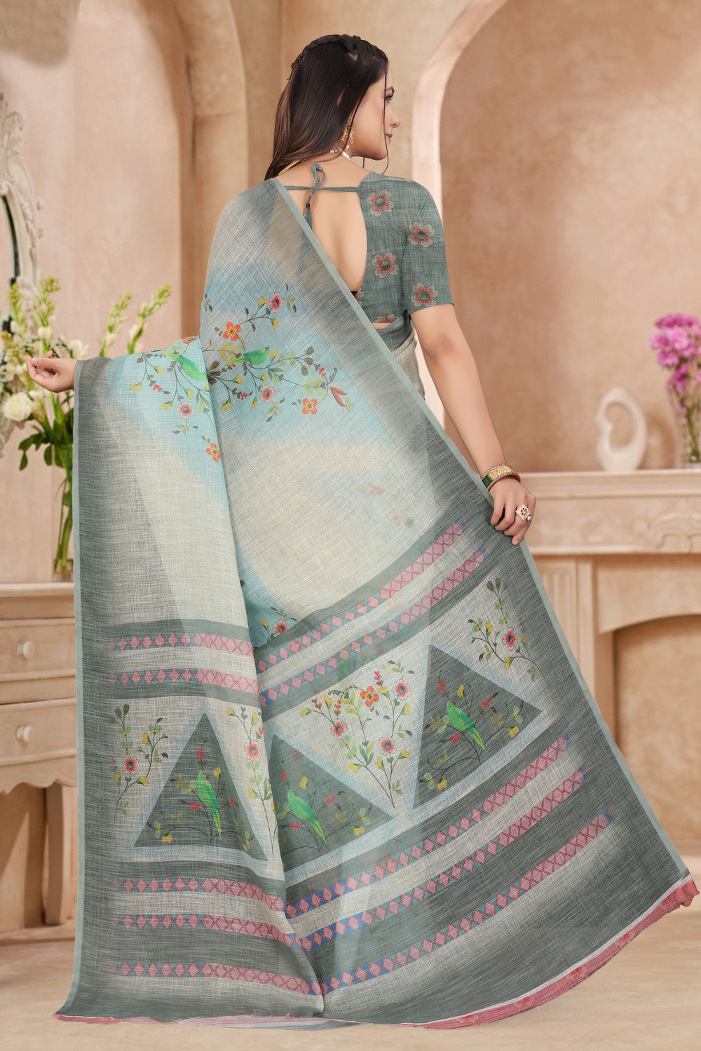 Image of Divastri Digital Print Bollywood Cotton Linen Saree (Grey)