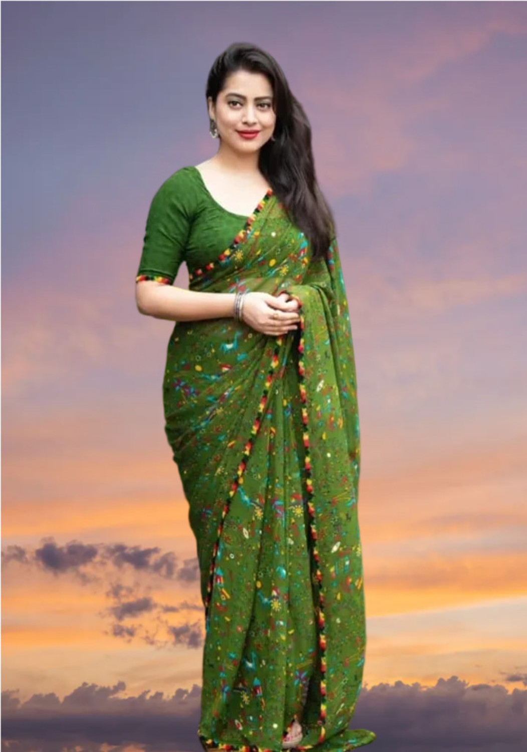 Image of Siril Geometric Print, Printed, Embellished Bollywood Georgette Saree (Green)