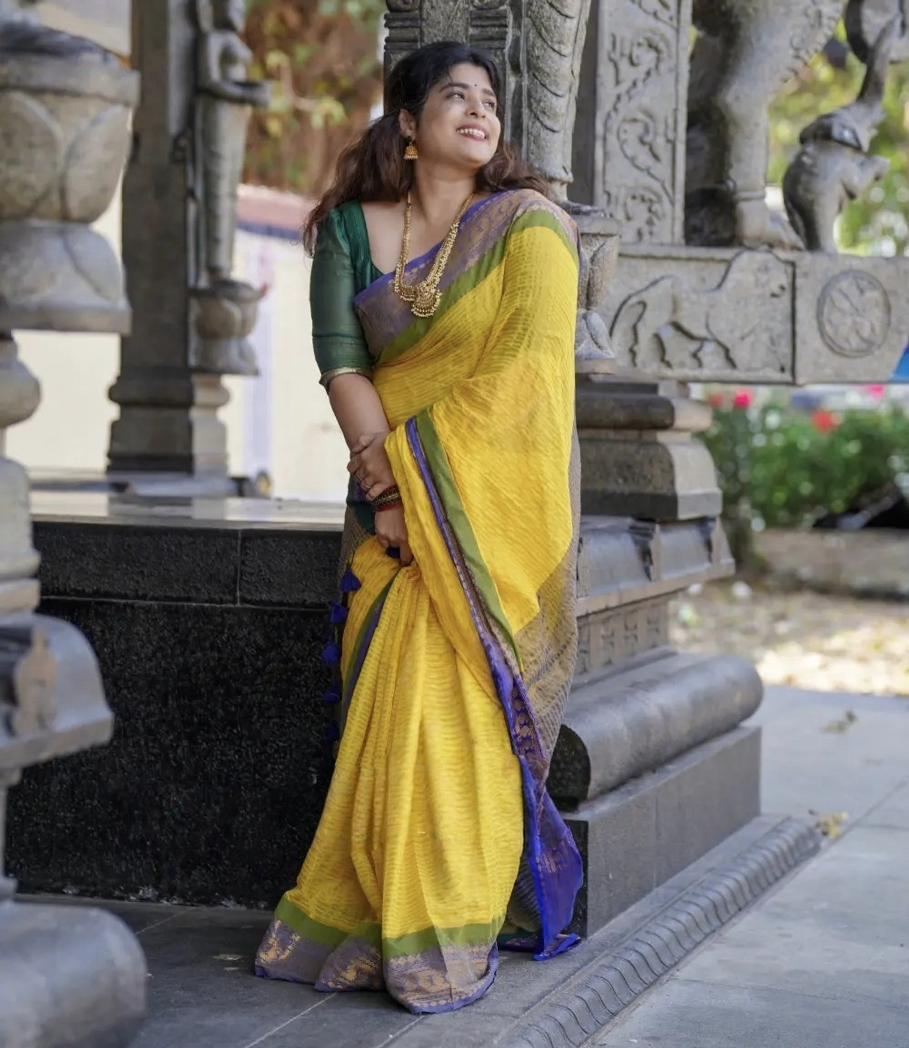 Image of GulabiSaheba Woven Daily Wear Pure Cotton Saree (Yellow, Blue)