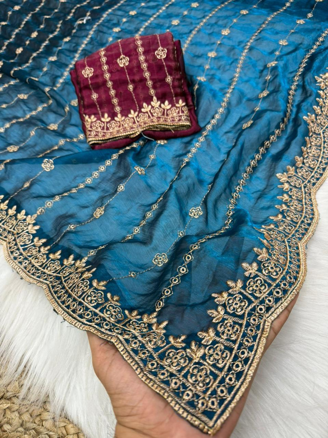 Image of bhavika silk mills Embroidered Bollywood Georgette Saree (Blue)