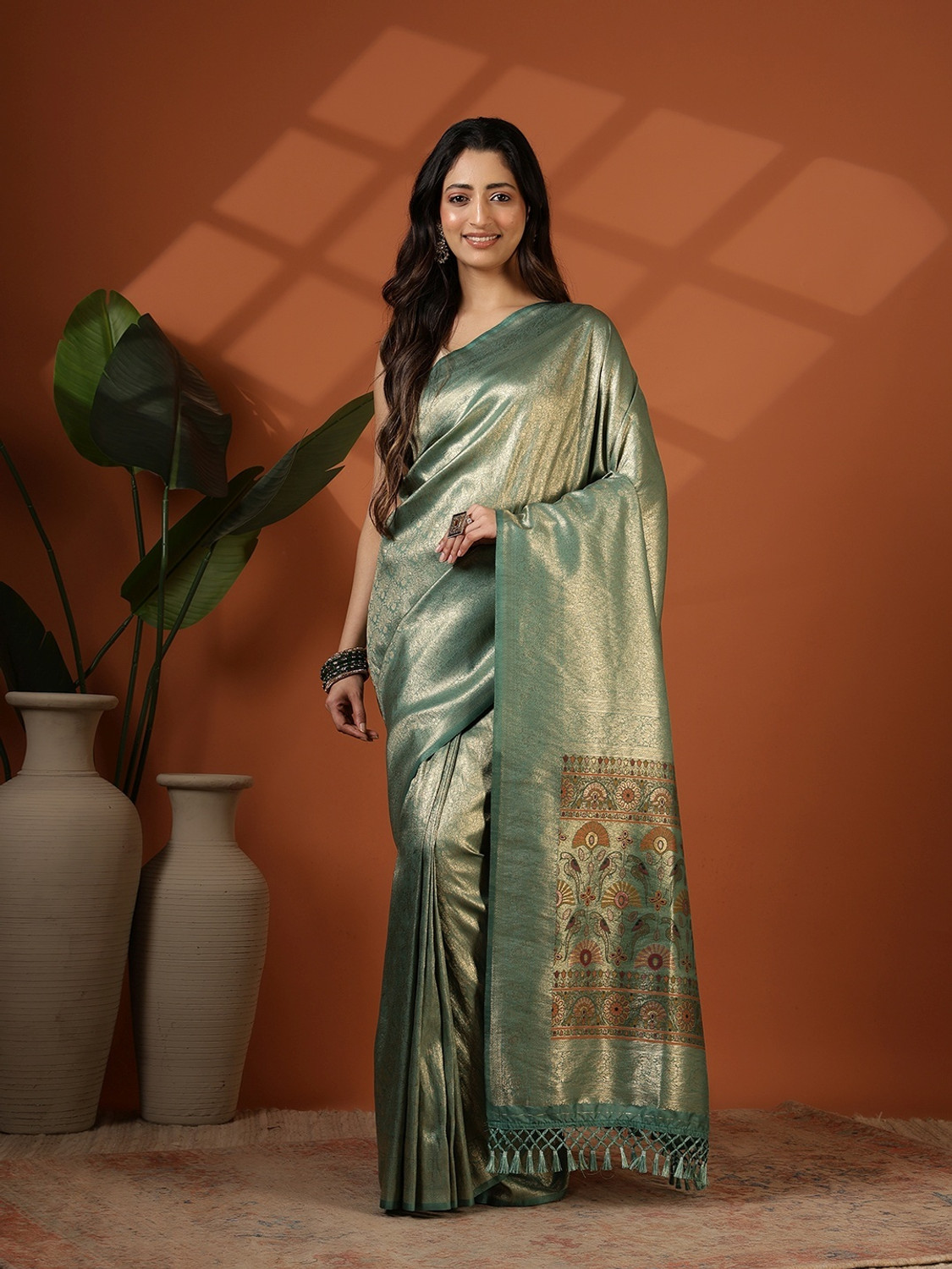 Image of Meena Bazaar Embroidered Bollywood Georgette Saree (Light Green)