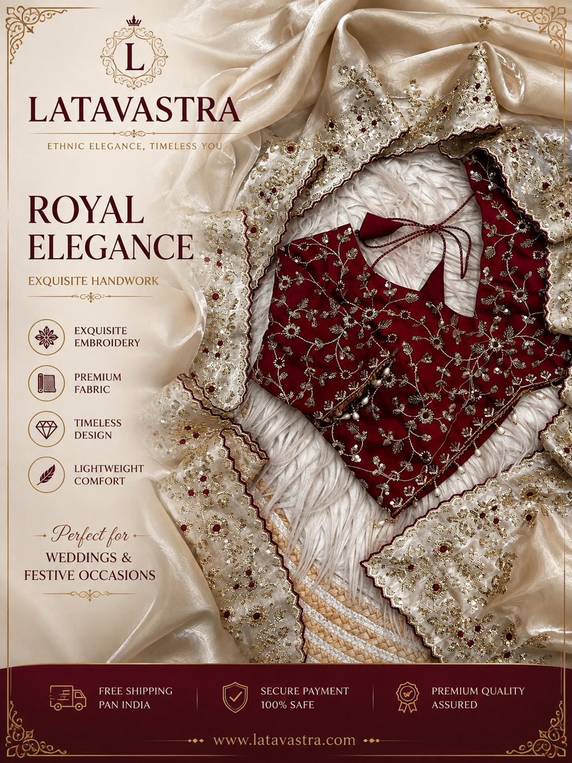 Image of Latavastra Embroidered, Embellished, Floral Print Banarasi Jimmy Jimmy, Chiffon Saree (Cream, Maroon)