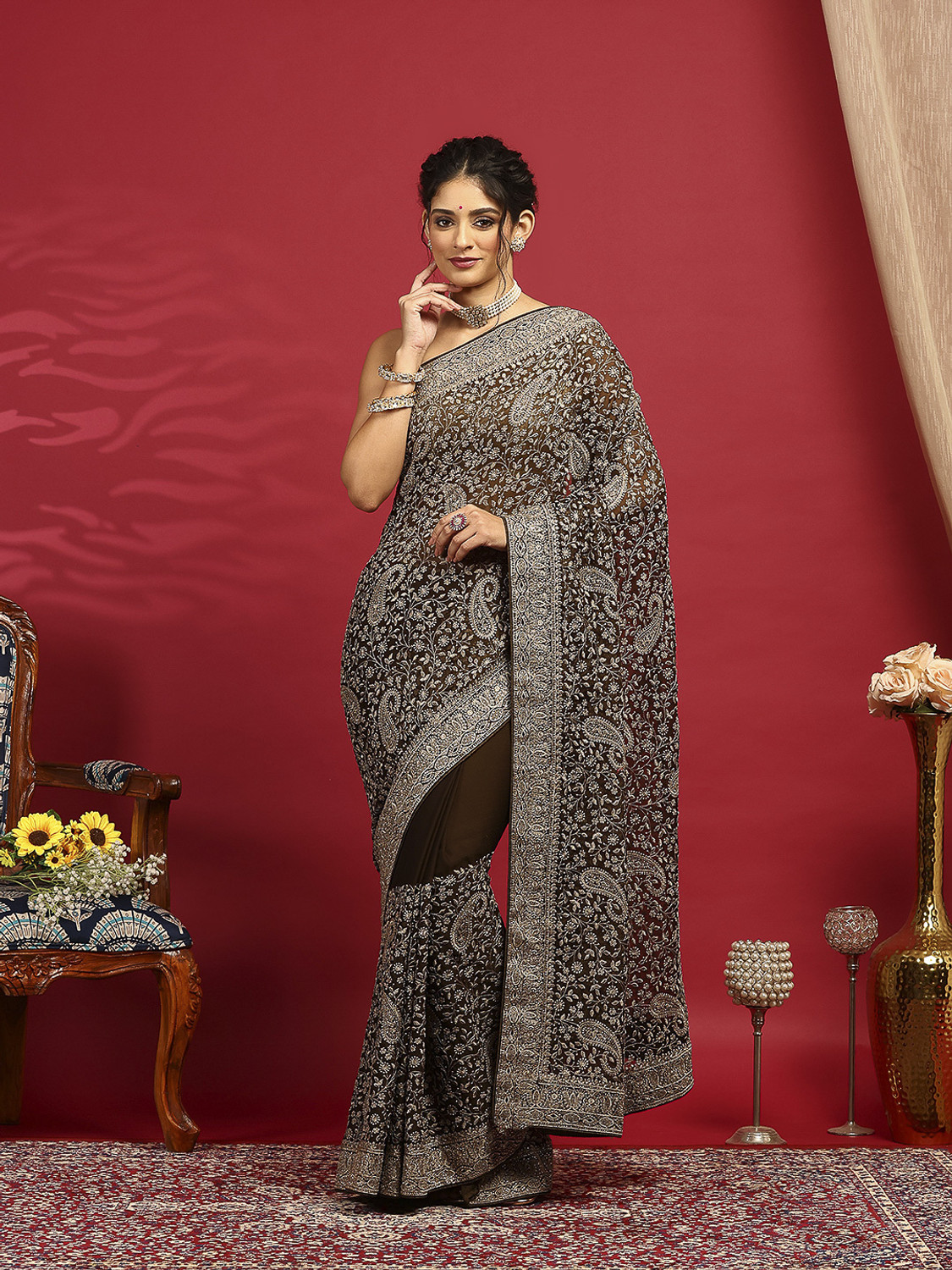 Image of Meena Bazaar Embroidered Bollywood Georgette Saree (Light Green)
