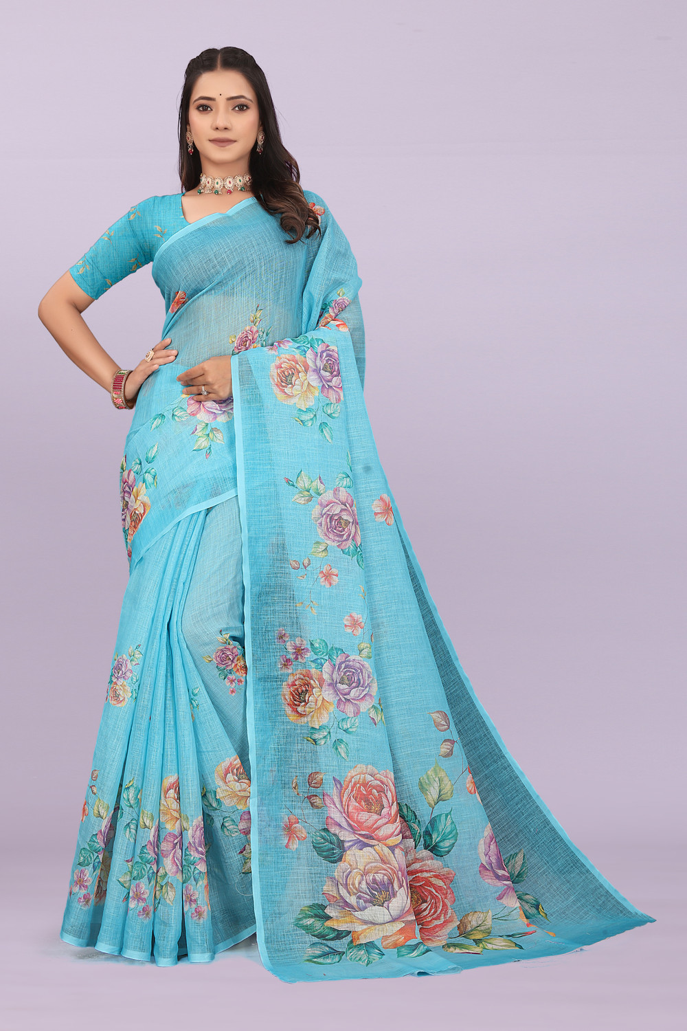 Image of MDS Embroidered, Floral Print, Embellished Bollywood Cotton Linen Saree (Multicolor)